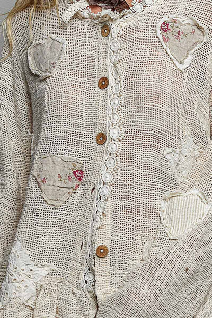 Floral Heart and Star Appliqué Crochet Lace Trim Cardigan - Boho Wanderlust Boutique Pol Clothing