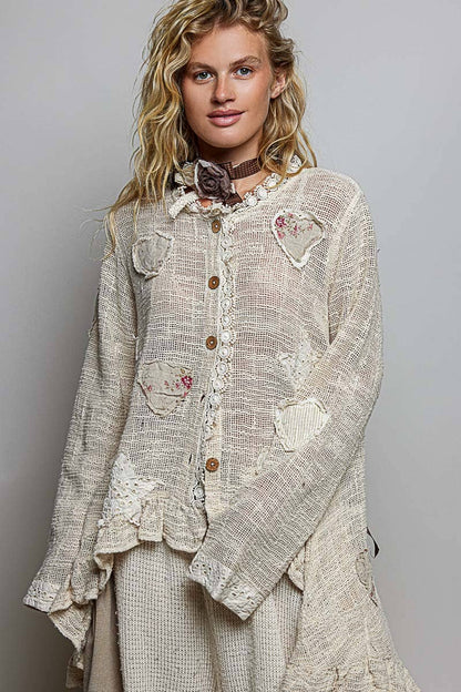 Floral Heart and Star Appliqué Crochet Lace Trim Cardigan - Boho Wanderlust Boutique Pol Clothing