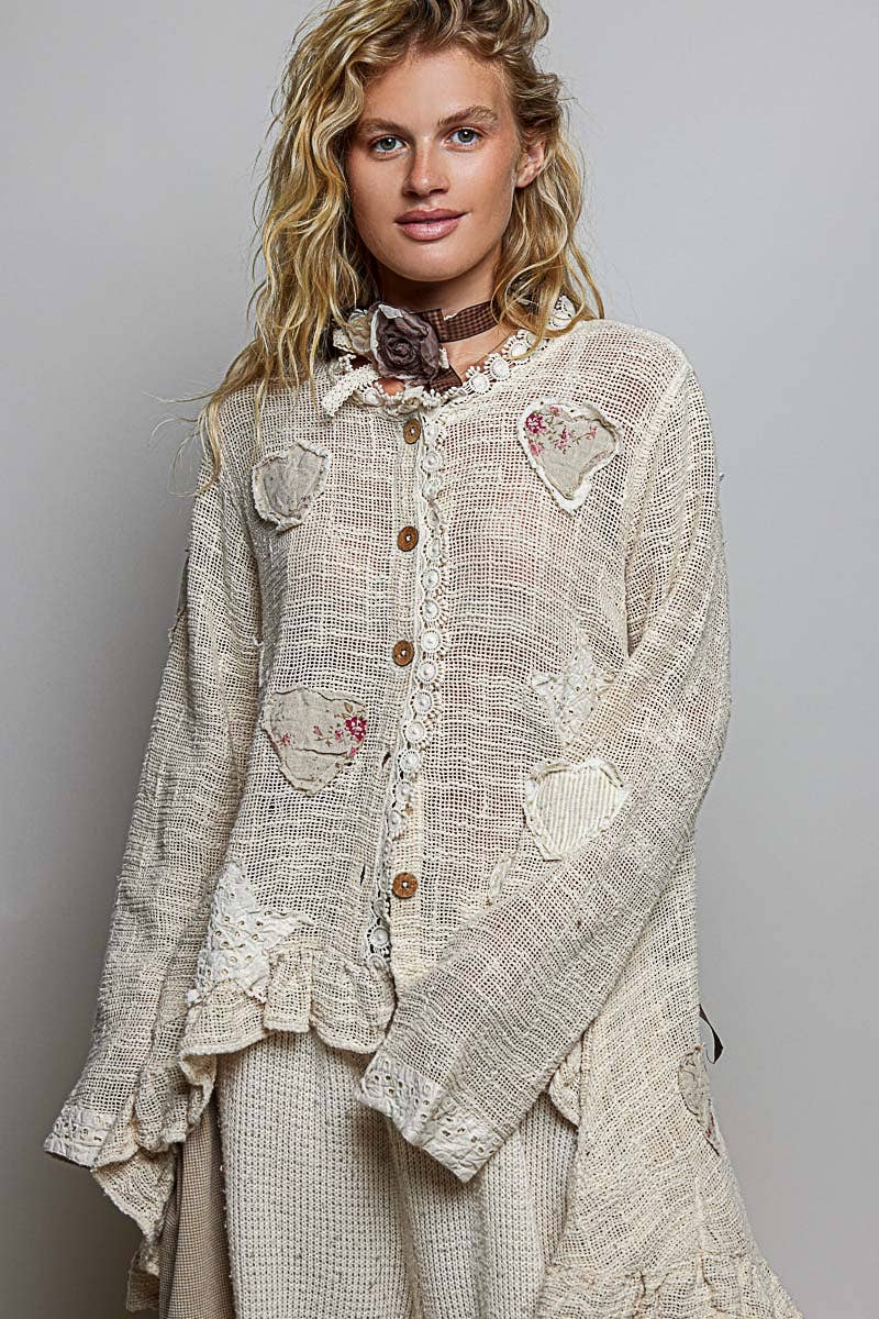 Floral Heart and Star Appliqué Crochet Lace Trim Cardigan - Boho Wanderlust Boutique Pol Clothing