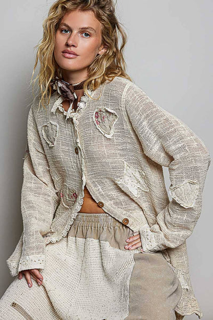 Floral Heart and Star Appliqué Crochet Lace Trim Cardigan - Boho Wanderlust Boutique Pol Clothing