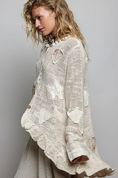Floral Heart and Star Appliqué Crochet Lace Trim Cardigan - Boho Wanderlust Boutique Pol Clothing