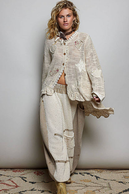 Floral Heart and Star Appliqué Crochet Lace Trim Cardigan - Boho Wanderlust Boutique Pol Clothing