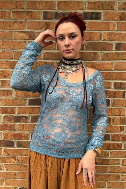 Floral Lace Top in Blue - ivyandlavyboutique A Rare Bird Shop