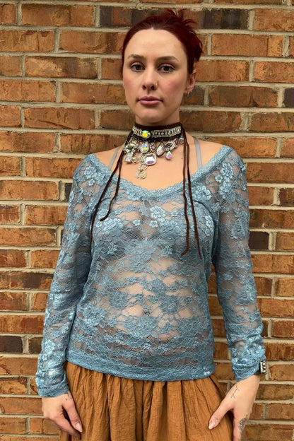 Floral Lace Top in Blue - ivyandlavyboutique A Rare Bird Shop