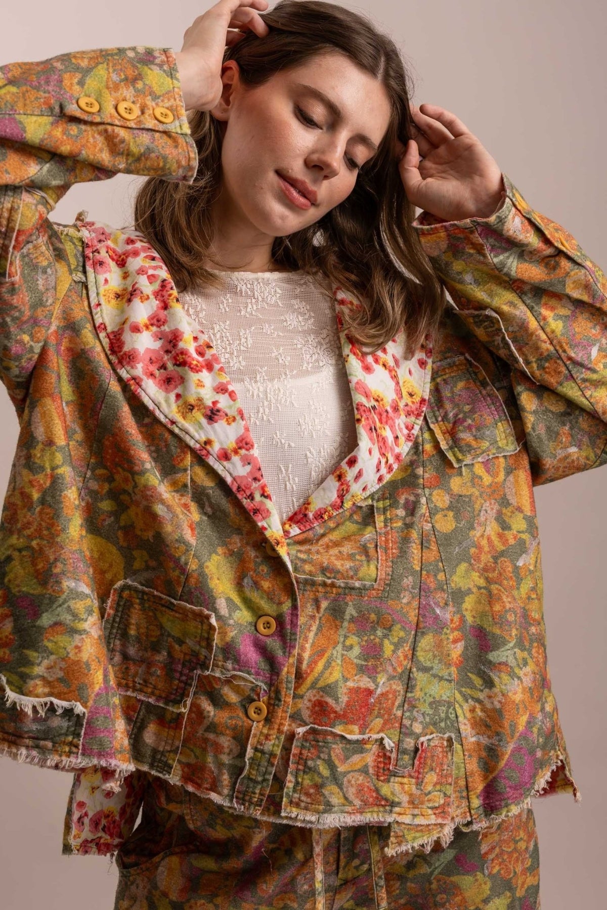Floral Patchwork Statement Collared Jacket - Boho Wanderlust Boutique Blue Velvet