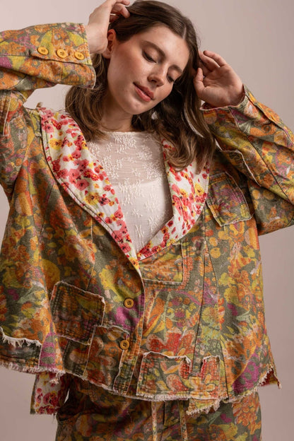 Floral Patchwork Statement Collared Jacket - Boho Wanderlust Boutique Blue Velvet