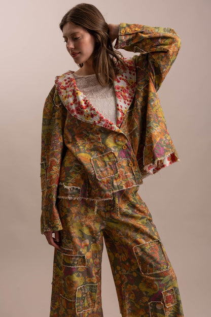 Floral Patchwork Statement Collared Jacket - Boho Wanderlust Boutique Blue Velvet