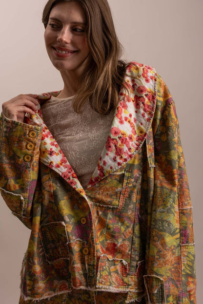 Floral Patchwork Statement Collared Jacket - Boho Wanderlust Boutique Blue Velvet