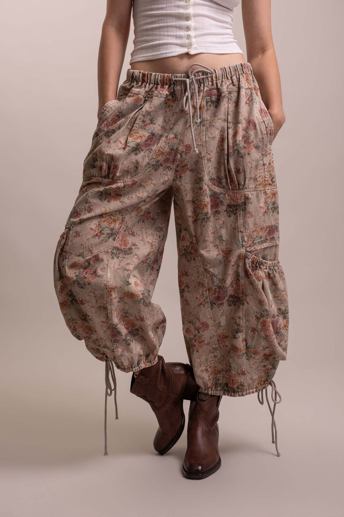 Floral Print Parachute Wide Leg Cargo Pants - ivyandlavyboutique Blue Velvet