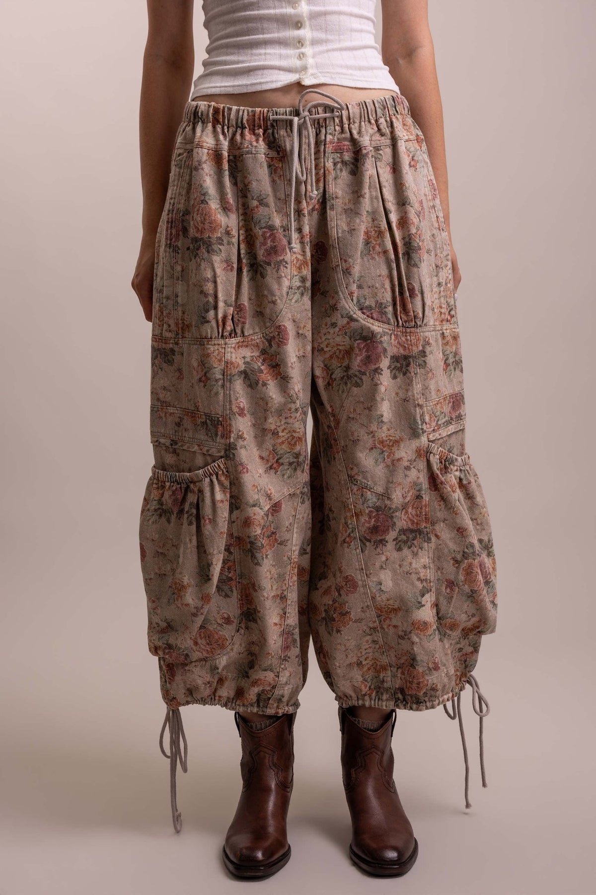 Floral Print Parachute Wide Leg Cargo Pants - ivyandlavyboutique Blue Velvet