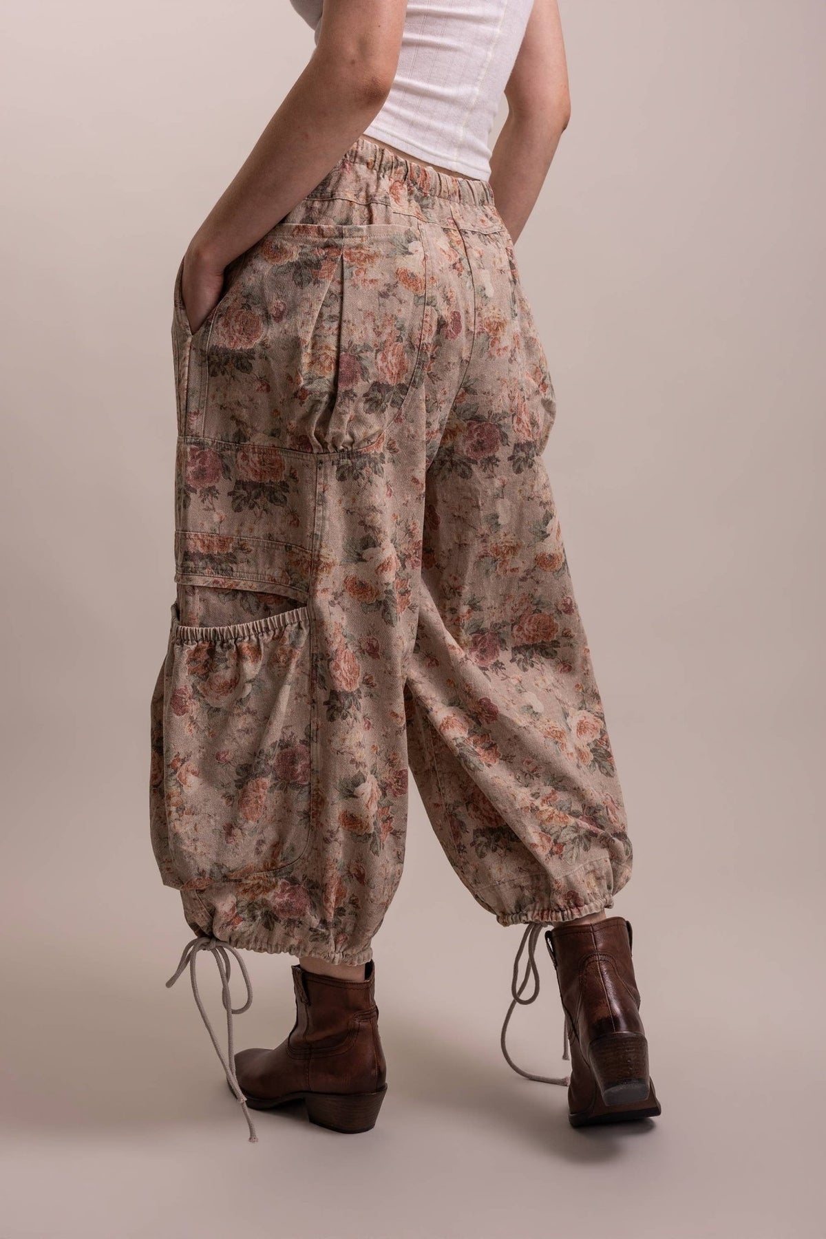 Floral Print Parachute Wide Leg Cargo Pants - ivyandlavyboutique Blue Velvet