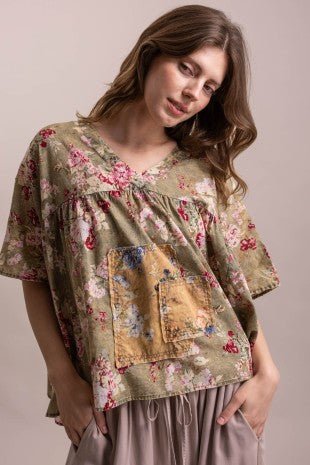 Floral Print Patchwork V Neck Loose Fit Top - ivyandlavyboutique Blue Velvet