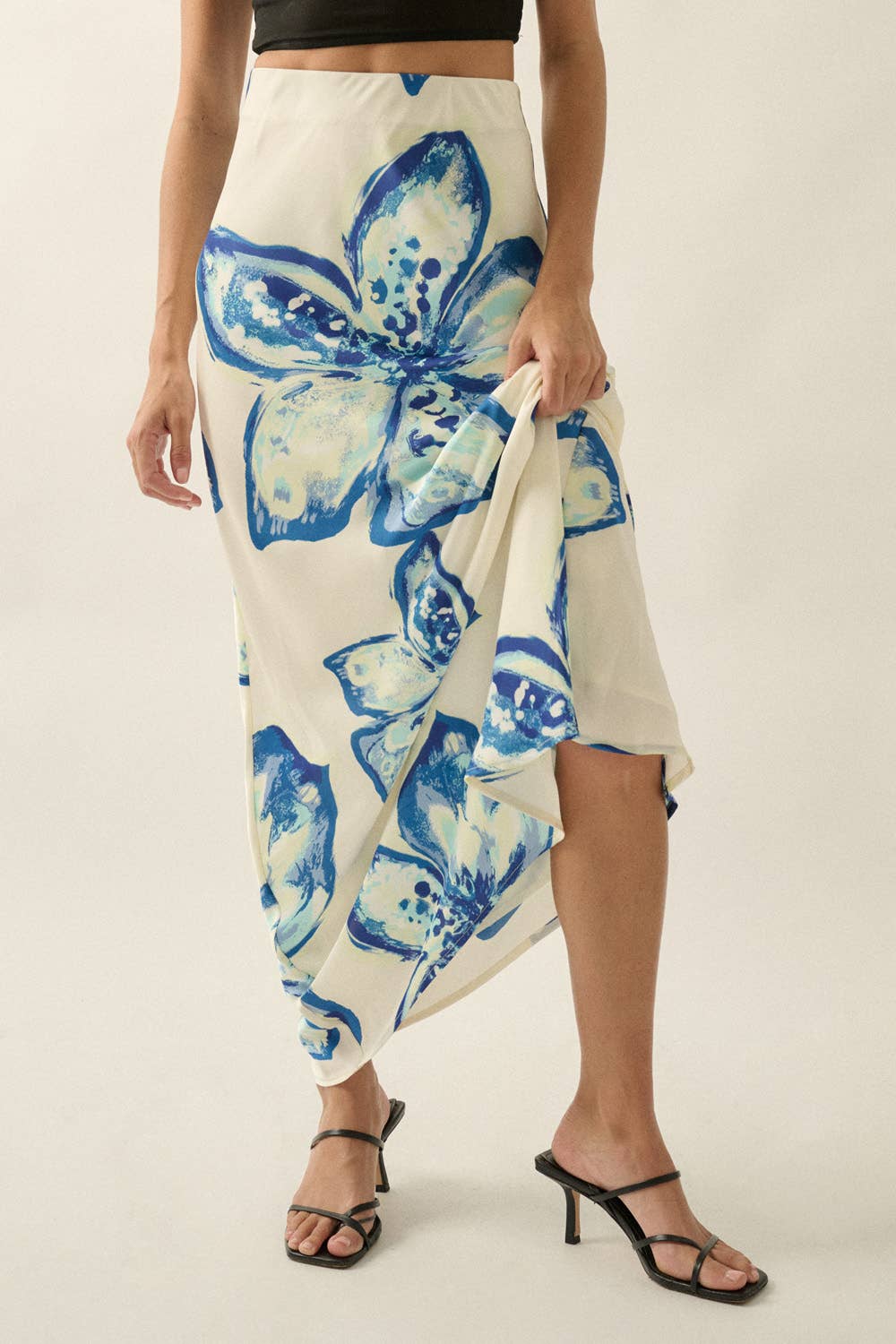 Floral-Print Satin Bias-Cut Elastic-Waist Maxi Skirt - ivyandlavyboutique Promesa USA