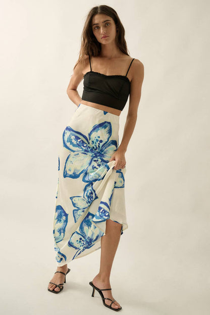Floral-Print Satin Bias-Cut Elastic-Waist Maxi Skirt - ivyandlavyboutique Promesa USA