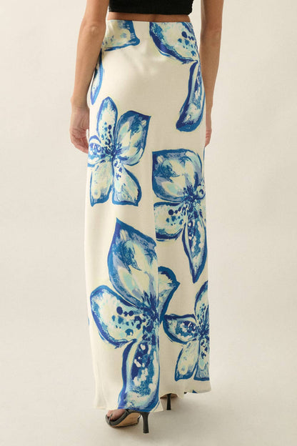 Floral-Print Satin Bias-Cut Elastic-Waist Maxi Skirt - ivyandlavyboutique Promesa USA