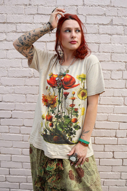 Floral Veiws - Moon Dance Distressed Cotton Tee Top - ivyandlavyboutique Jaded Gypsy