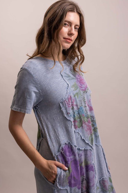 Flower And Butterfly Patckwork Long Dress - Boho Wanderlust Boutique Blue Velvet