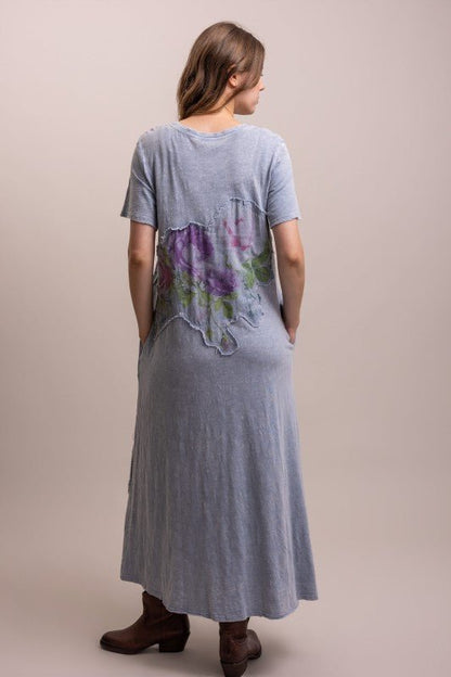 Flower And Butterfly Patckwork Long Dress - Boho Wanderlust Boutique Blue Velvet