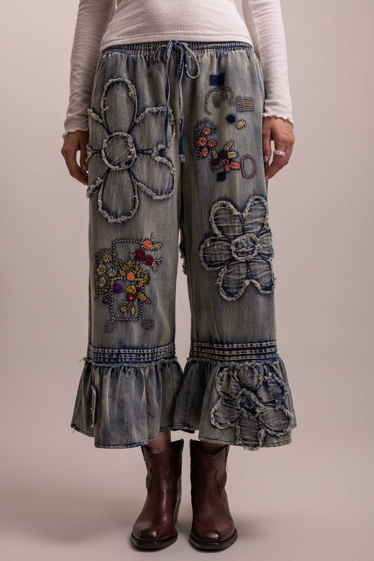 Flower Embroidery Patchwork Ruffle Hem Cropped Pants - Boho Wanderlust Boutique Blue Velvet