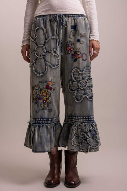 Flower Embroidery Patchwork Ruffle Hem Cropped Pants - Boho Wanderlust Boutique Blue Velvet