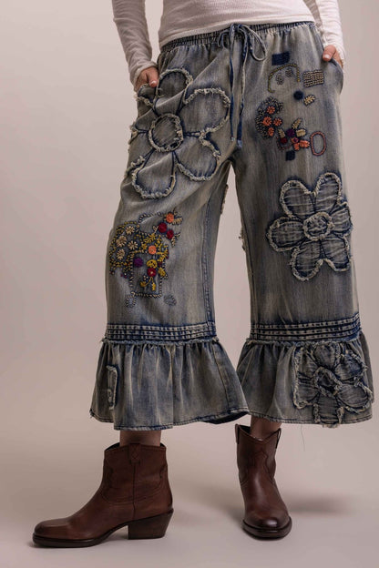 Flower Embroidery Patchwork Ruffle Hem Cropped Pants - Boho Wanderlust Boutique Blue Velvet