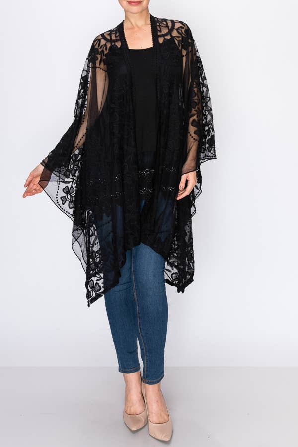 Flowy Boho Kimono with Floral Embroidered Details Black - ivyandlavyboutique Origami Apparel ~ Lace and Crochet inspired