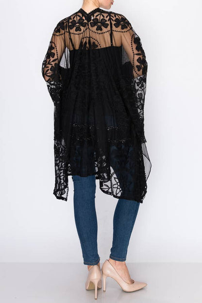 Flowy Boho Kimono with Floral Embroidered Details Black - ivyandlavyboutique Origami Apparel ~ Lace and Crochet inspired