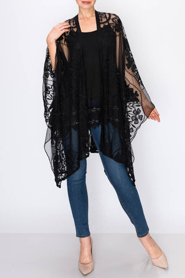 Flowy Boho Kimono with Floral Embroidered Details Black - ivyandlavyboutique Origami Apparel ~ Lace and Crochet inspired
