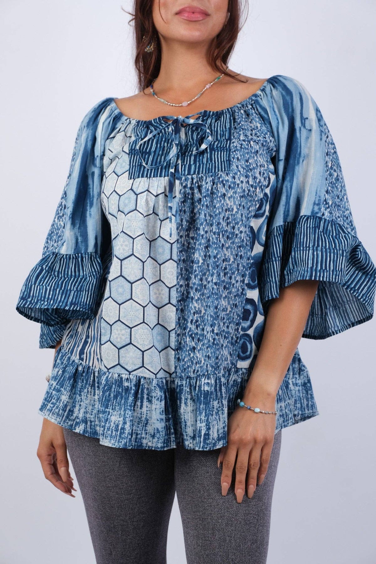 Flowy Sapphire Ocean Bohemian Patchwork Top - ivyandlavyboutique Sacred Threads