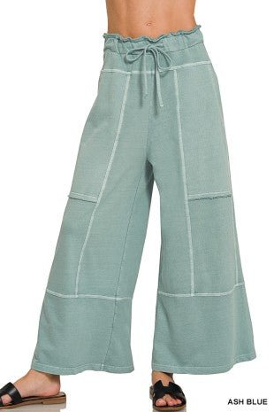 French Terry Washed Exposed-Seam Wide Leg Pant in Light Beige - ivyandlavyboutique Zenana