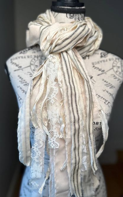 Fringe Scarf - L'Occitane: Off-White & Black - ivyandlavyboutique The Curated Raven