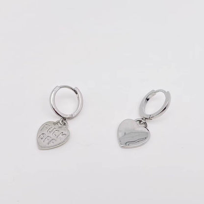 "Fuck off" Heart-shaped Gold Plated Huggie Earrings: Silver - ivyandlavyboutique Mio Queena