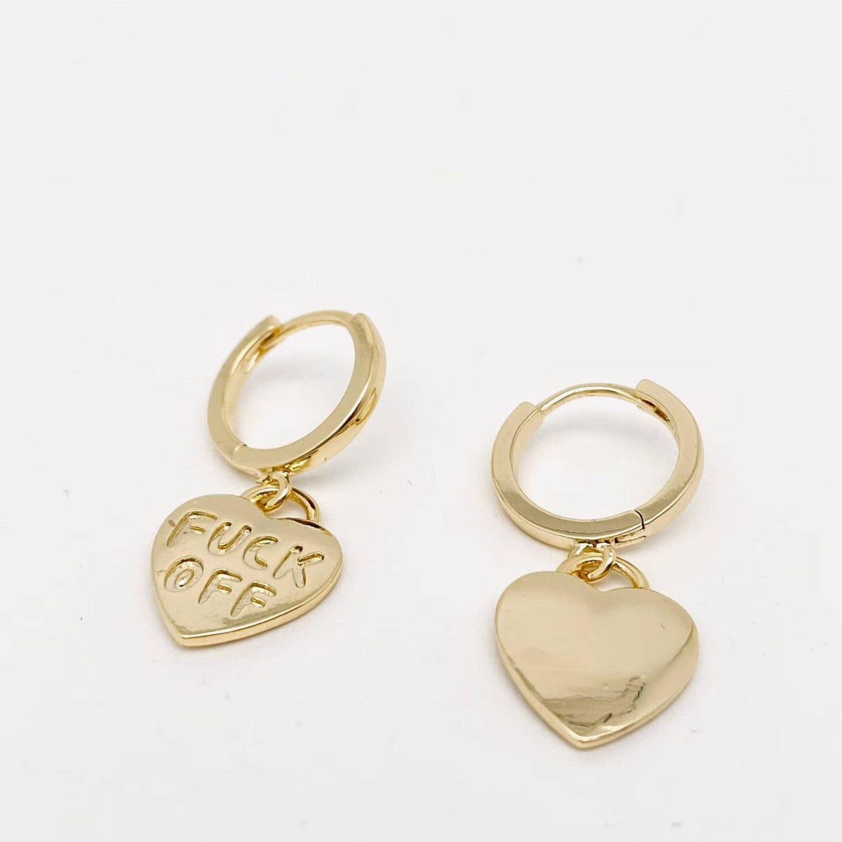"Fuck off" Heart-shaped Gold Plated Huggie Earrings: Silver - ivyandlavyboutique Mio Queena