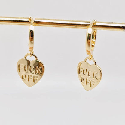 "Fuck off" Heart-shaped Gold Plated Huggie Earrings: Silver - ivyandlavyboutique Mio Queena
