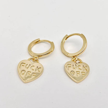 "Fuck off" Heart-shaped Gold Plated Huggie Earrings: Silver - ivyandlavyboutique Mio Queena