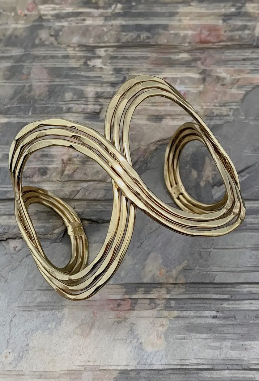 Gold Plated Adjustable Cuff Bracelet - Hammered Open Ovals - ivyandlavyboutique Anju Jewelry
