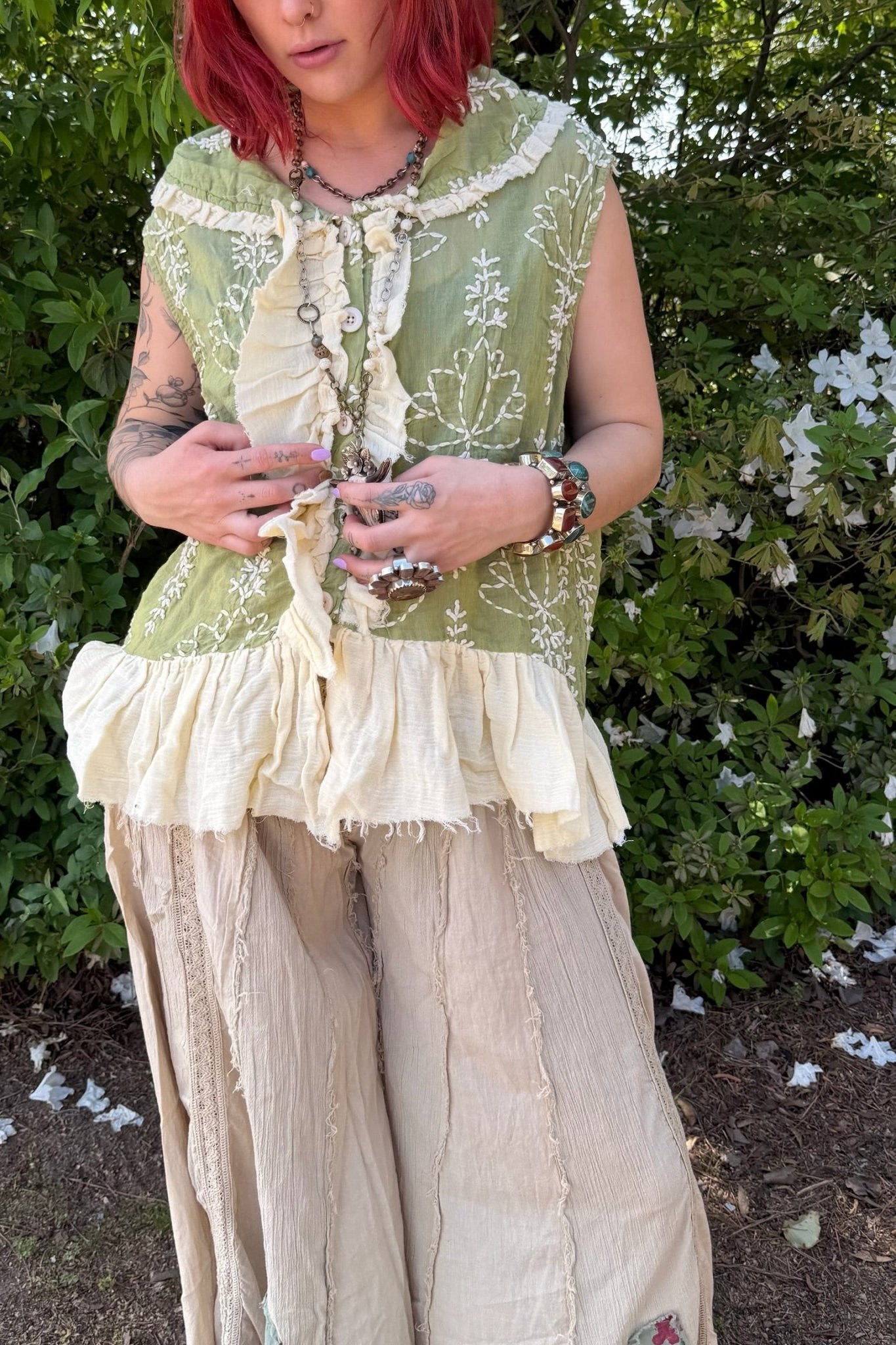 Green Apple Embroidery Ruffle Vest - ivyandlavyboutique A Rare Bird Shop