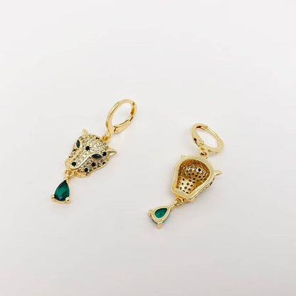 Green Eye Cubic Zirconia Gold Leopard Head Huggie Earrings - ivyandlavyboutique Mio Queena