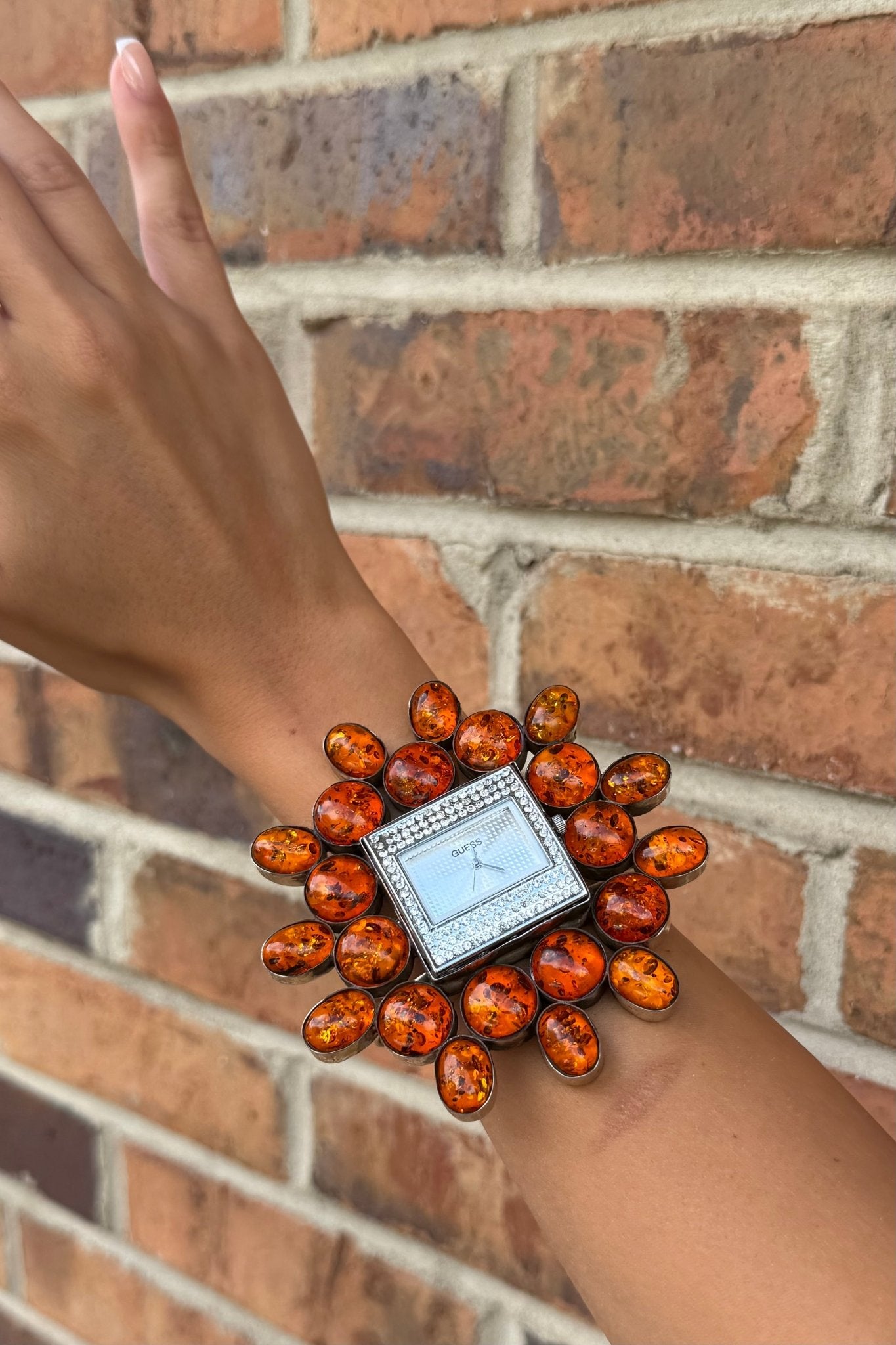 GUESS Bedazzled Watch Cuff/Orange Glitter Stone - ivyandlavyboutique ivyandlavyboutique