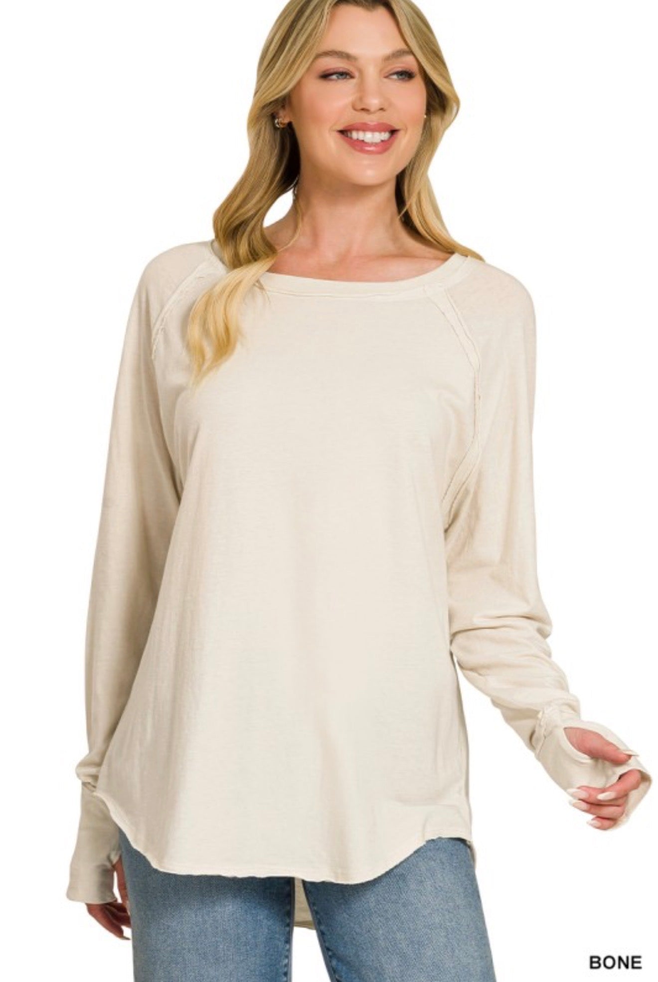 Hally Cotton Raglan Thumbhole Long Sleeve in Bone - ivyandlavyboutique Zenana