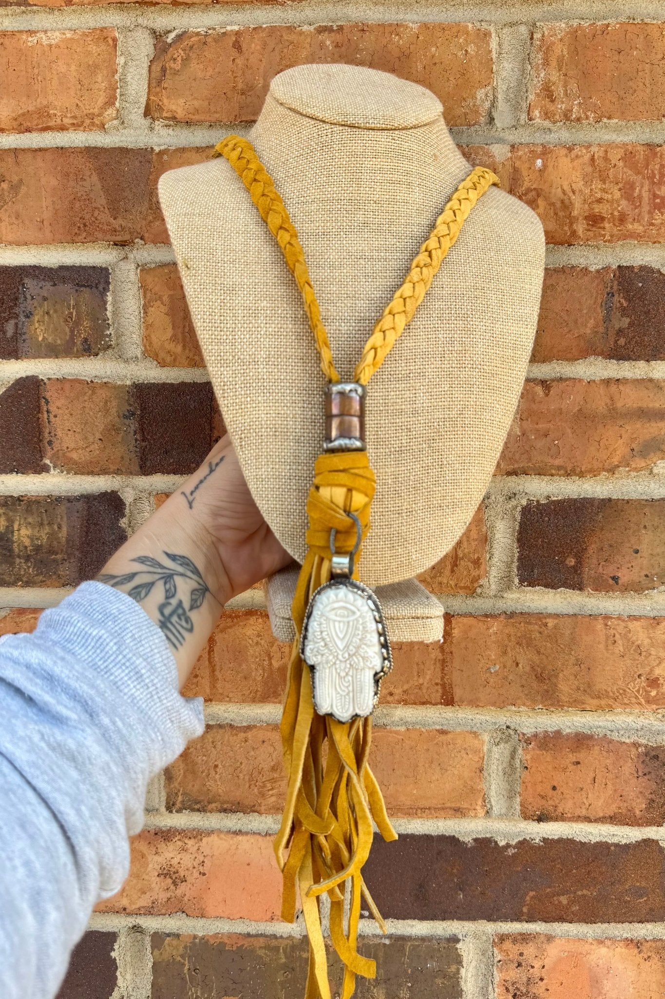 Hamsa Hand Boho Braided Leather Tassel Necklace - ivyandlavyboutique Art by Amy