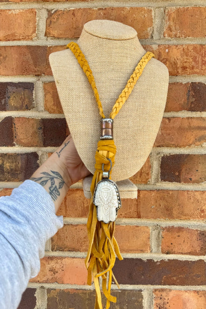 Hamsa Hand Boho Braided Leather Tassel Necklace - ivyandlavyboutique Art by Amy