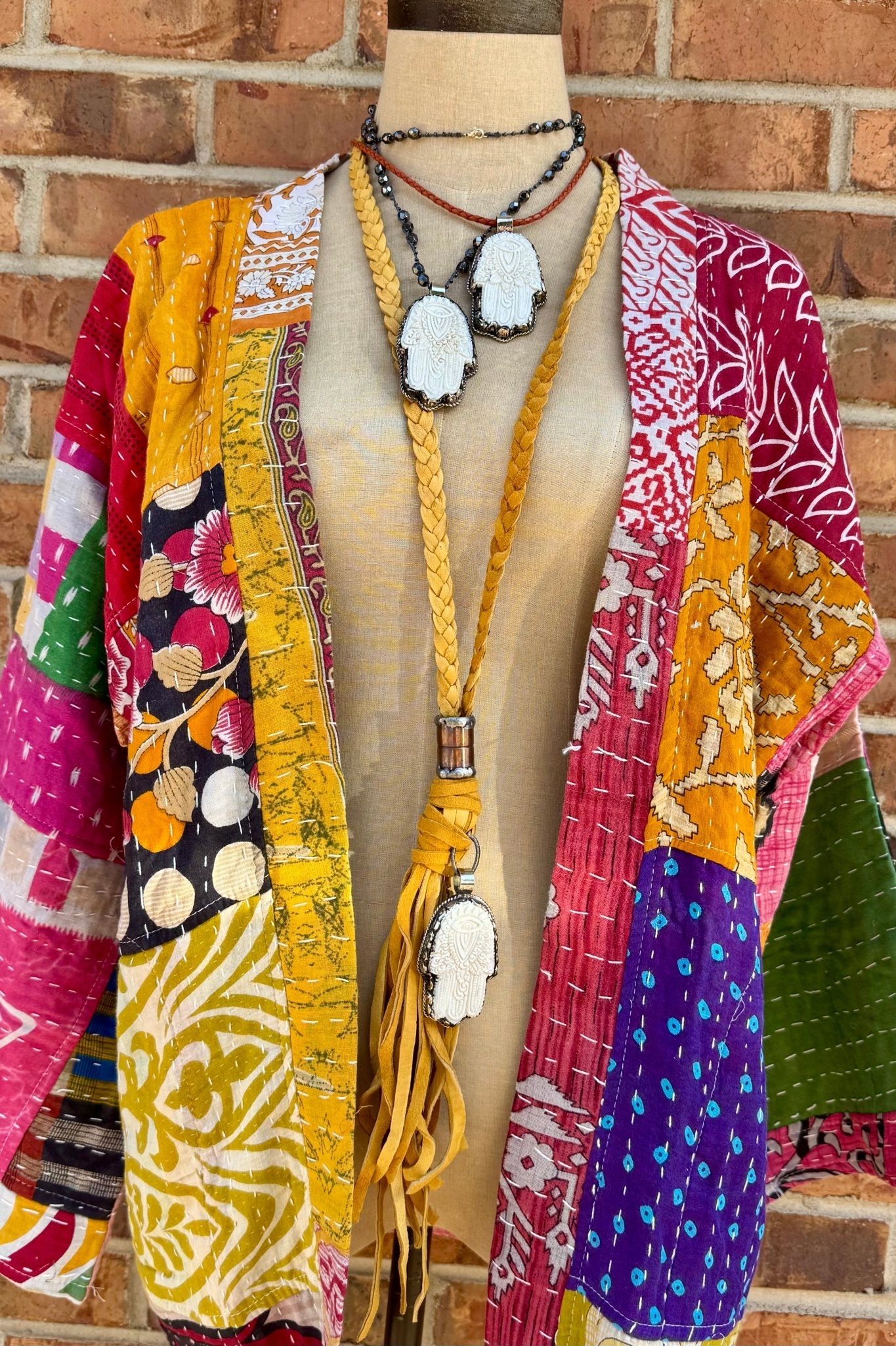 Hamsa Hand Boho Braided Leather Tassel Necklace - ivyandlavyboutique Art by Amy