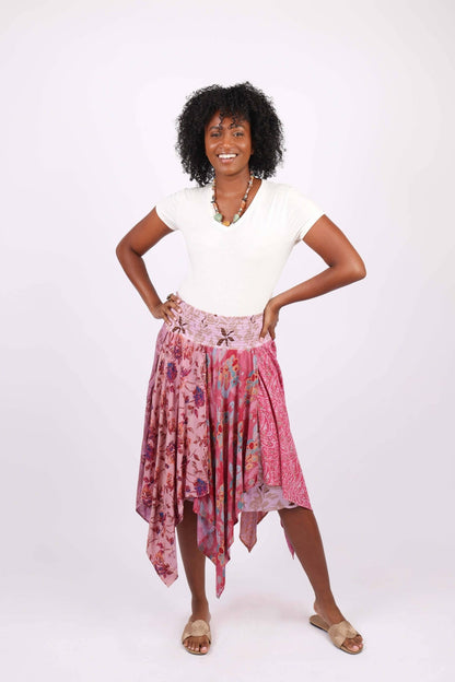 Hankerchief Hem Patchwork Skirt: Pink Flora Aura - ivyandlavyboutique Sacred Threads
