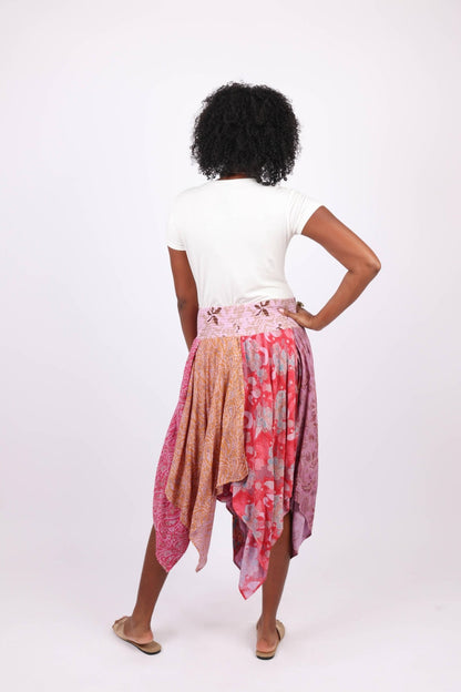 Hankerchief Hem Patchwork Skirt: Pink Flora Aura - ivyandlavyboutique Sacred Threads