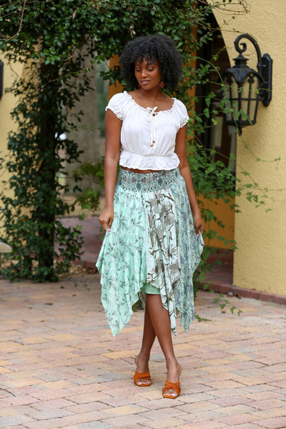 Hankerchief Hem Skirt: Mint Meadow Patchwork - ivyandlavyboutique Sacred Threads