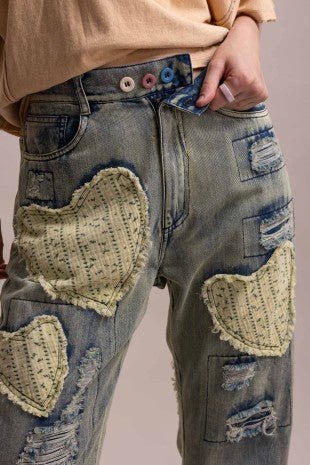 Heart & Distress Patch Washed Denim Pants - ivyandlavyboutique Blue Velvet