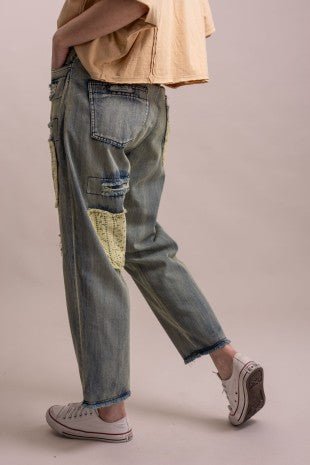 Heart & Distress Patch Washed Denim Pants - ivyandlavyboutique Blue Velvet