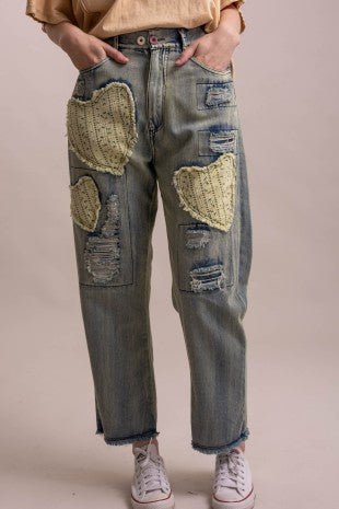 Heart & Distress Patch Washed Denim Pants - ivyandlavyboutique Blue Velvet