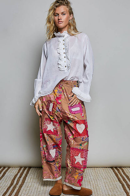Heart Star Patch Elastic Waistband Lace Trim Straight Pants in Cinn - ivyandlavyboutique Pol Clothing